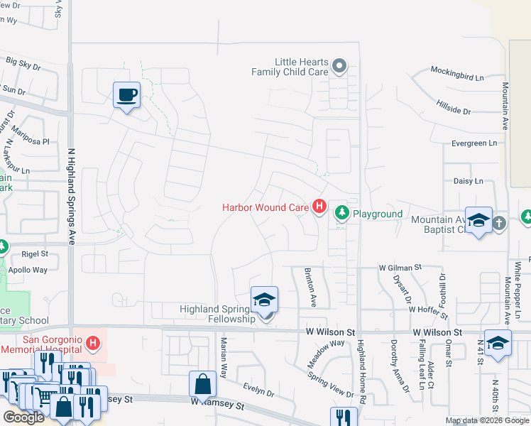 map of restaurants, bars, coffee shops, grocery stores, and more near 5315 Trailmark Court in Banning