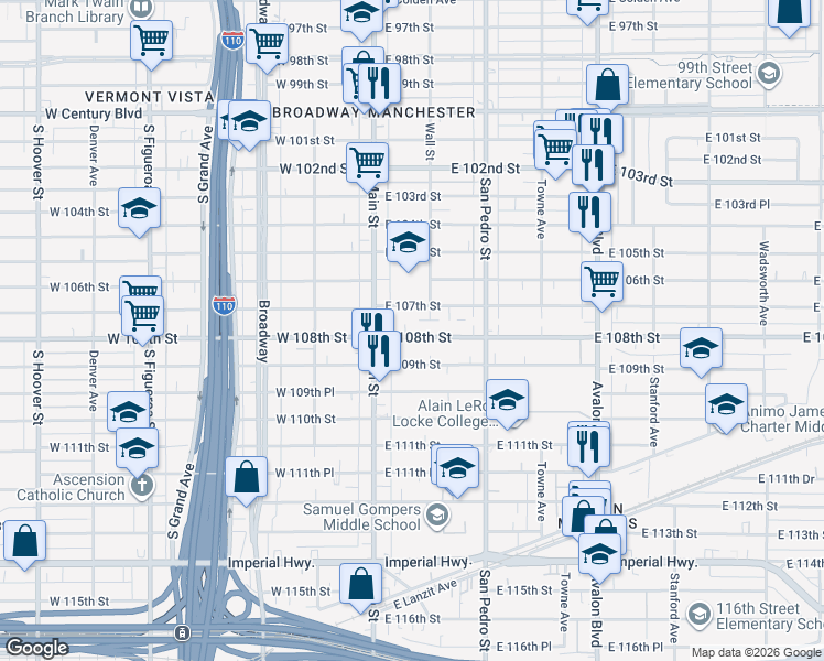 map of restaurants, bars, coffee shops, grocery stores, and more near 143 East 108th Street in Los Angeles