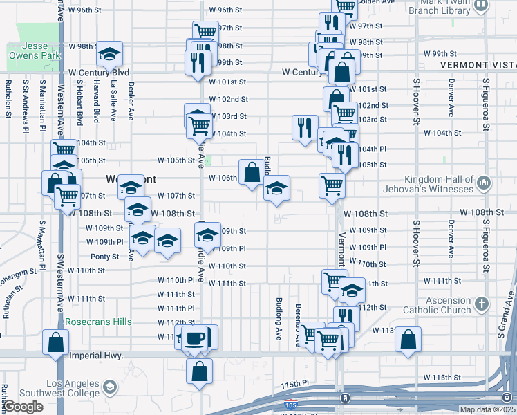 map of restaurants, bars, coffee shops, grocery stores, and more near 1212 West 107th Street in Los Angeles