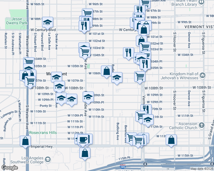 map of restaurants, bars, coffee shops, grocery stores, and more near 1235 West 107th Street in Los Angeles
