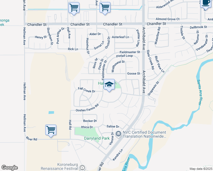 map of restaurants, bars, coffee shops, grocery stores, and more near 14383 Cherry Creek Circle in Eastvale
