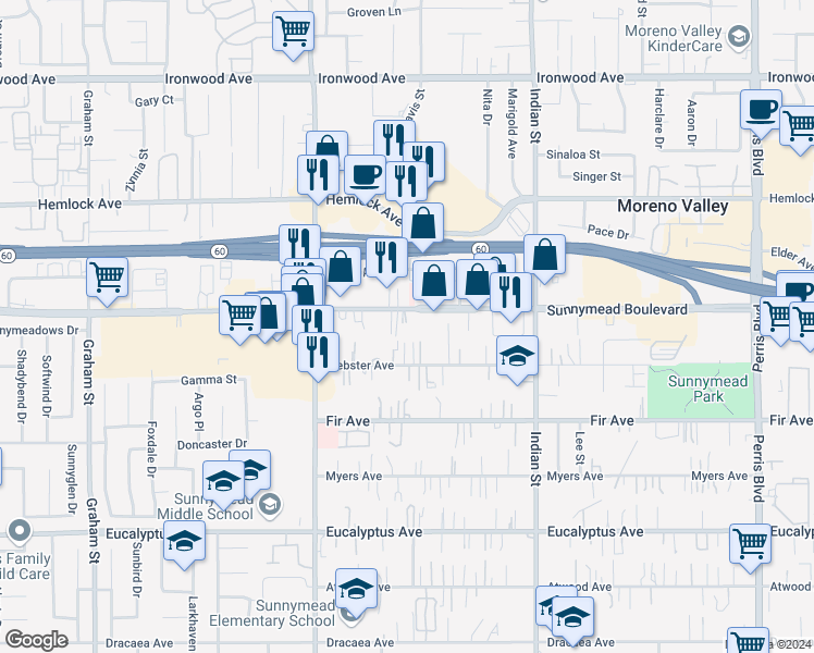 map of restaurants, bars, coffee shops, grocery stores, and more near 24233 Sunnymead Boulevard in Moreno Valley