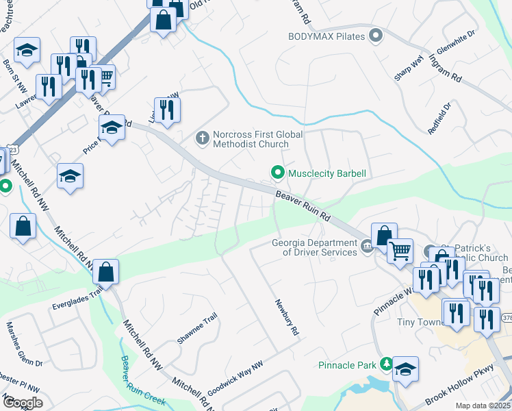 map of restaurants, bars, coffee shops, grocery stores, and more near 209 Meadowood Commons Drive in Norcross