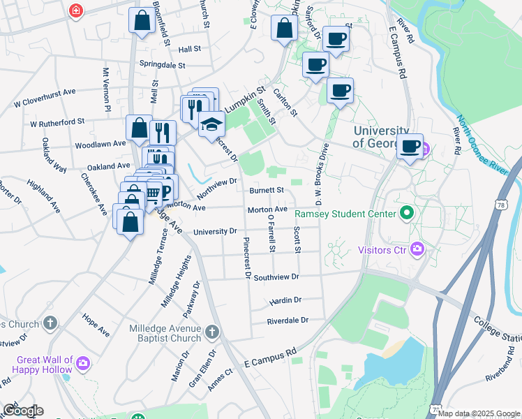 map of restaurants, bars, coffee shops, grocery stores, and more near 355 Morton Avenue in Athens