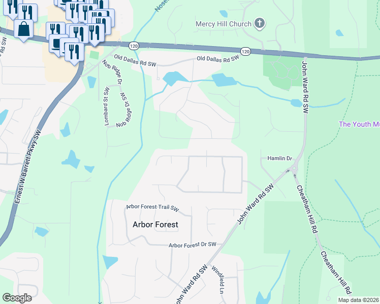 map of restaurants, bars, coffee shops, grocery stores, and more near 2078 Winding Creek Lane in Marietta