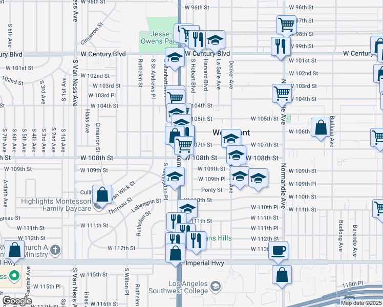 map of restaurants, bars, coffee shops, grocery stores, and more near 1735 West 108th Street in Los Angeles