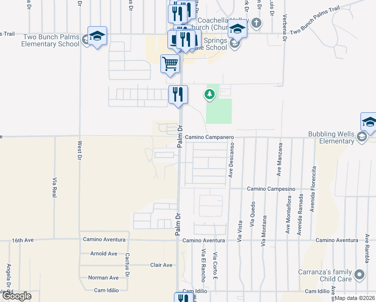 map of restaurants, bars, coffee shops, grocery stores, and more near 15300 Palm Drive in Desert Hot Springs