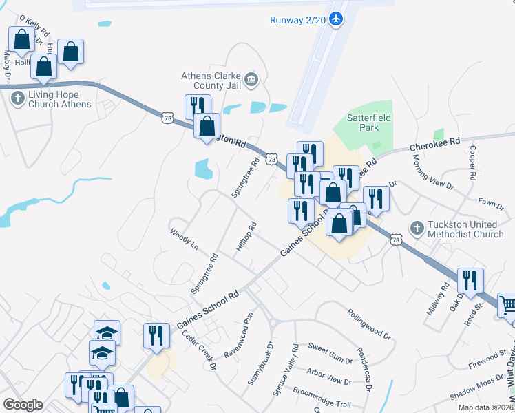map of restaurants, bars, coffee shops, grocery stores, and more near 198 Mimosa Drive in Athens