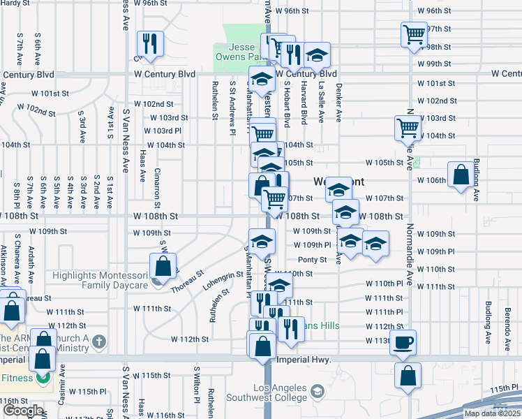 map of restaurants, bars, coffee shops, grocery stores, and more near 10705 South Western Avenue in Los Angeles