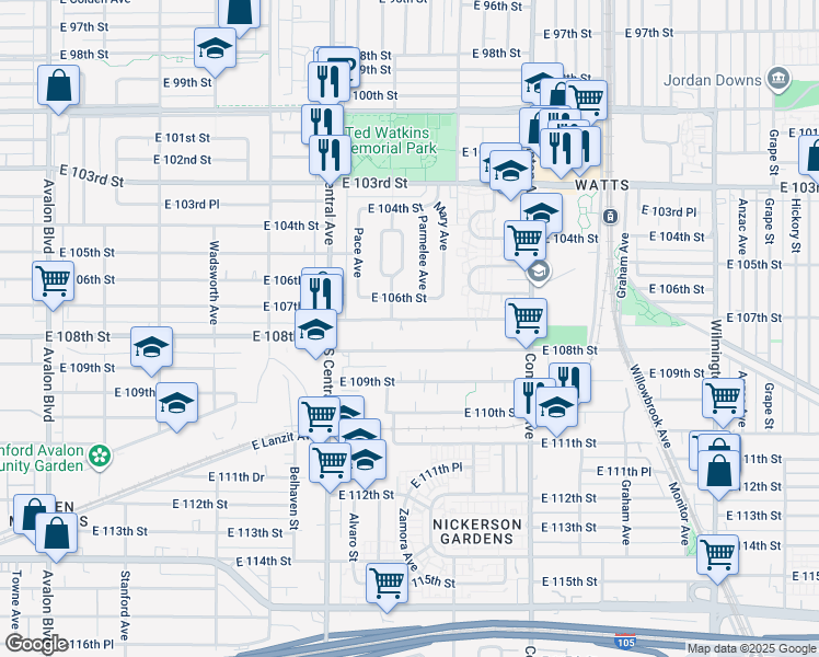 map of restaurants, bars, coffee shops, grocery stores, and more near 1317 East 107th Street in Los Angeles