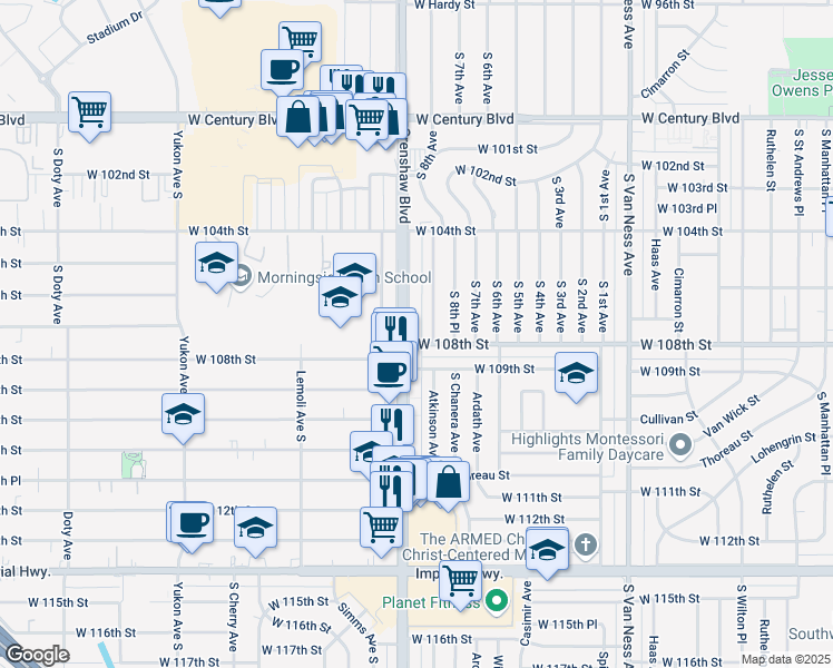 map of restaurants, bars, coffee shops, grocery stores, and more near 10634 Crenshaw Boulevard in Inglewood