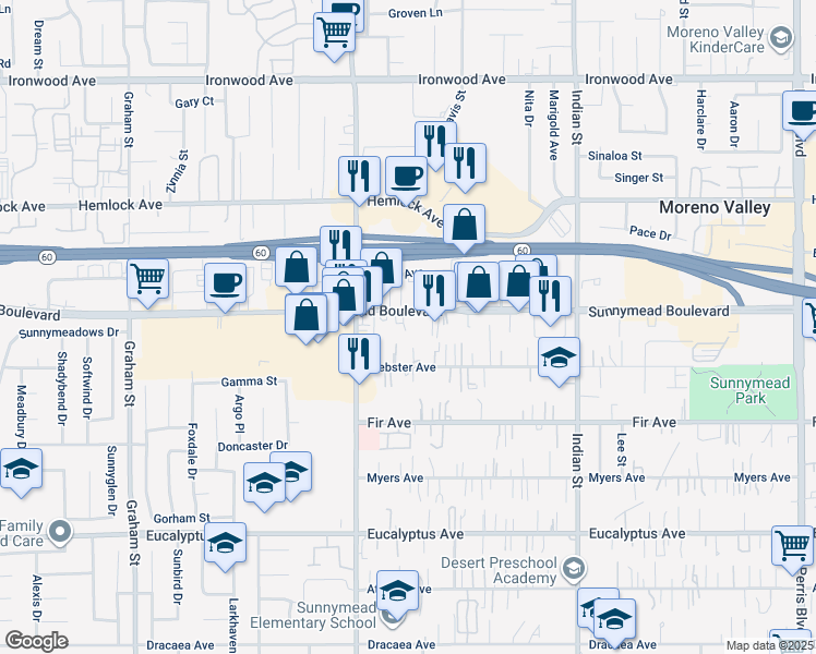 map of restaurants, bars, coffee shops, grocery stores, and more near 24135 Sunnymead Boulevard in Moreno Valley