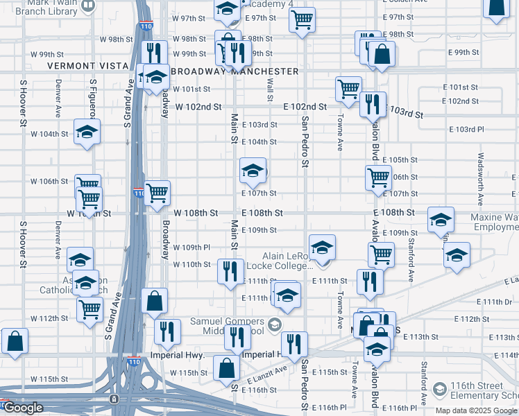 map of restaurants, bars, coffee shops, grocery stores, and more near 143 East 108th Street in Los Angeles