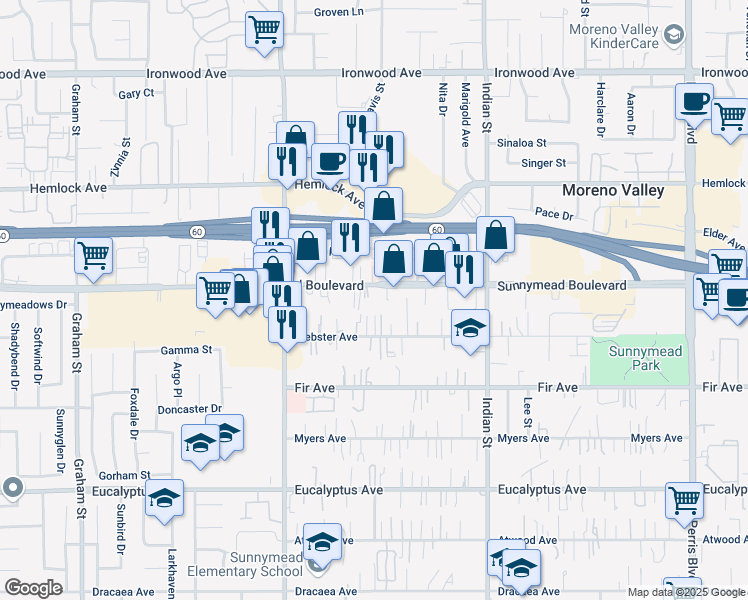 map of restaurants, bars, coffee shops, grocery stores, and more near 24233 Sunnymead Boulevard in Moreno Valley