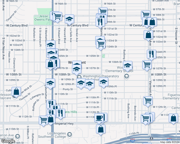 map of restaurants, bars, coffee shops, grocery stores, and more near 1461 West 108th Street in Los Angeles
