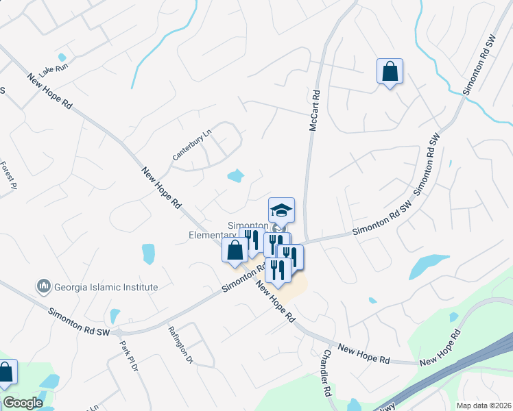 map of restaurants, bars, coffee shops, grocery stores, and more near 109 Adams Lake Court in Lawrenceville