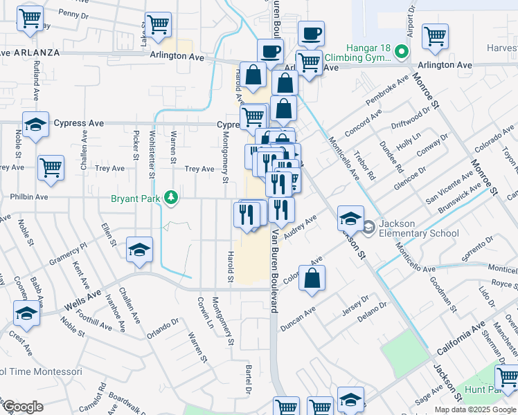map of restaurants, bars, coffee shops, grocery stores, and more near in Riverside