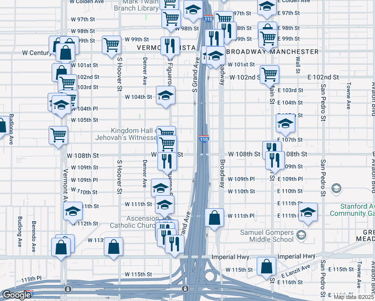 map of restaurants, bars, coffee shops, grocery stores, and more near 408 West 107th Street in Los Angeles