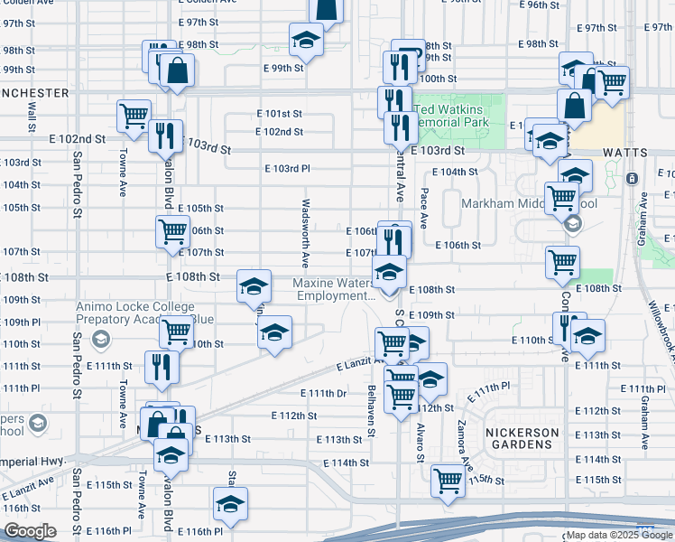 map of restaurants, bars, coffee shops, grocery stores, and more near 943 East 108th Street in Los Angeles