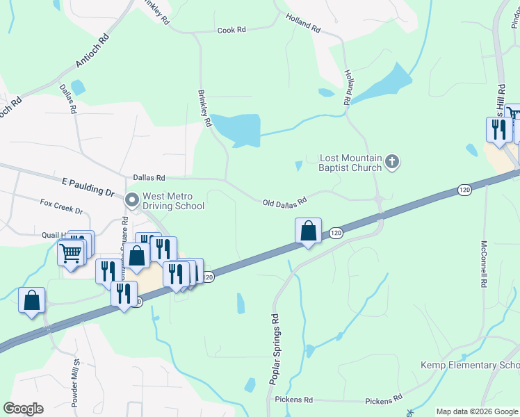 map of restaurants, bars, coffee shops, grocery stores, and more near 5723 Old Dallas Road in Powder Springs