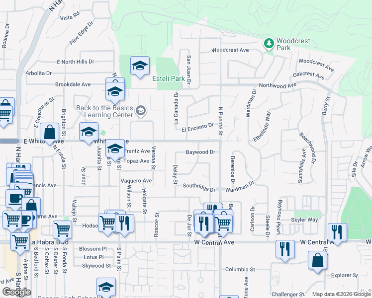 map of restaurants, bars, coffee shops, grocery stores, and more near 1425 Baywood Drive in Brea