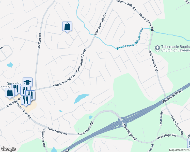 map of restaurants, bars, coffee shops, grocery stores, and more near 542 Simonton Ridge Tr Southeast in Lawrenceville