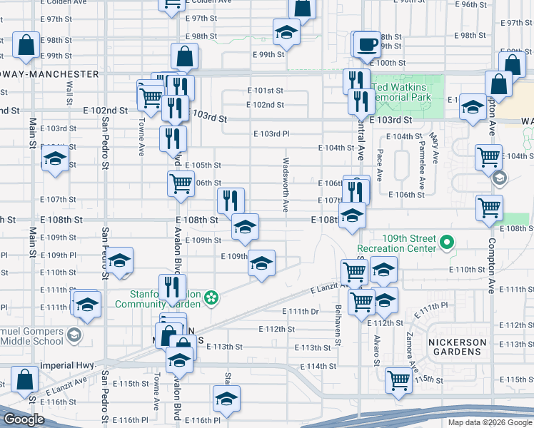 map of restaurants, bars, coffee shops, grocery stores, and more near 825 East 108th Street in Los Angeles