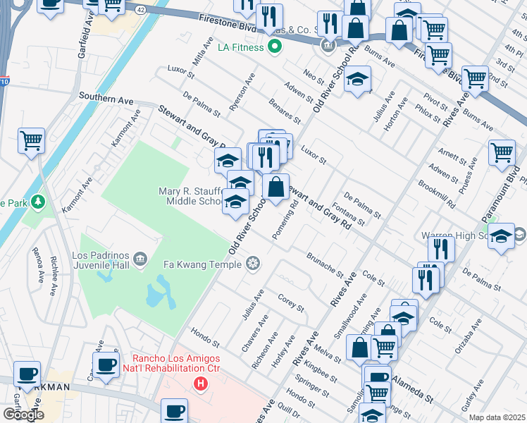 map of restaurants, bars, coffee shops, grocery stores, and more near 11960 Old River School Road in Downey