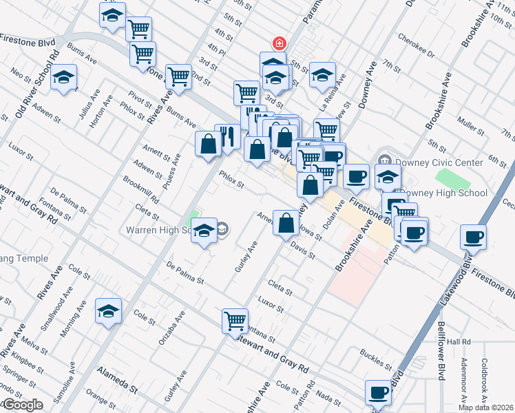 map of restaurants, bars, coffee shops, grocery stores, and more near 8205 Arnett Street in Downey