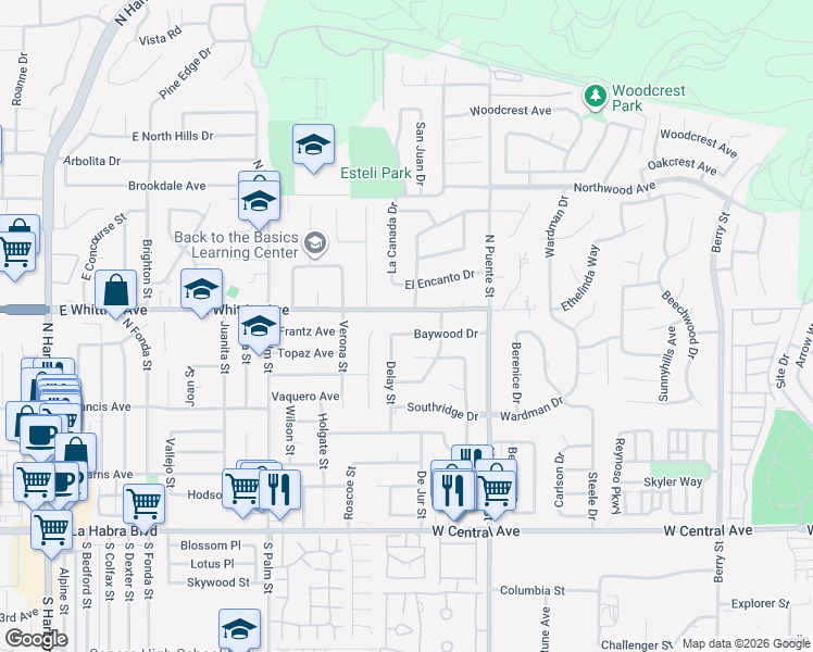 map of restaurants, bars, coffee shops, grocery stores, and more near 1429 Baywood Drive in Brea