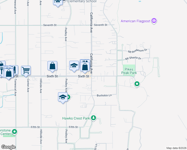 map of restaurants, bars, coffee shops, grocery stores, and more near 3915 California Avenue in Norco