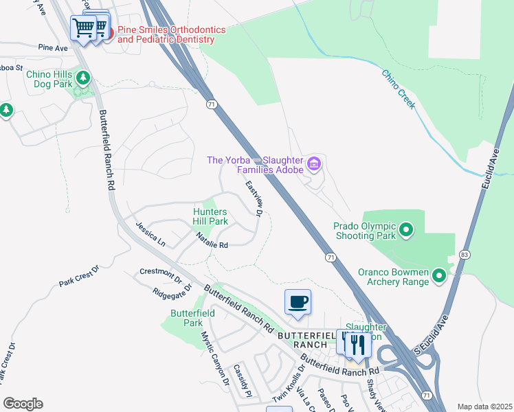 map of restaurants, bars, coffee shops, grocery stores, and more near 17328 East View Drive in Chino Hills