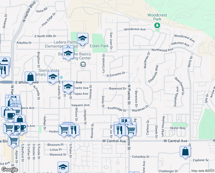 map of restaurants, bars, coffee shops, grocery stores, and more near 1429 Baywood Drive in Brea