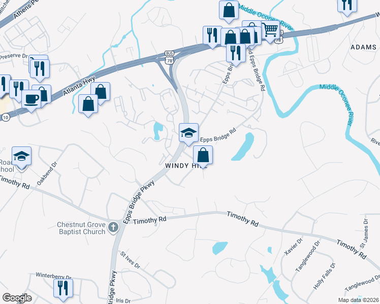 map of restaurants, bars, coffee shops, grocery stores, and more near 315 Epps Bridge Road in Athens
