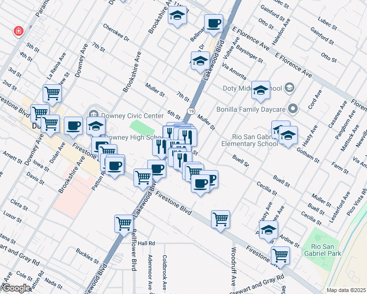 map of restaurants, bars, coffee shops, grocery stores, and more near 9026 Cecilia Street in Downey