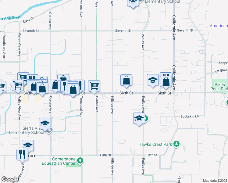map of restaurants, bars, coffee shops, grocery stores, and more near 3902 Hillside Avenue in Norco