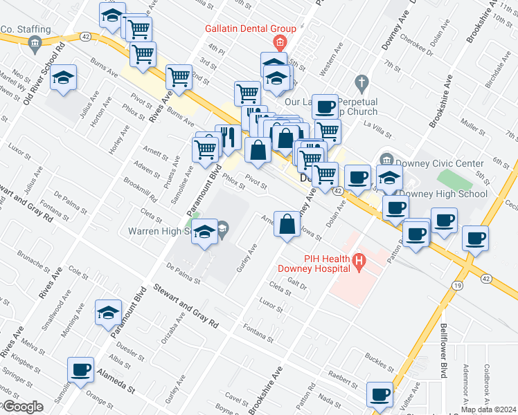 map of restaurants, bars, coffee shops, grocery stores, and more near 8205 Arnett Street in Downey