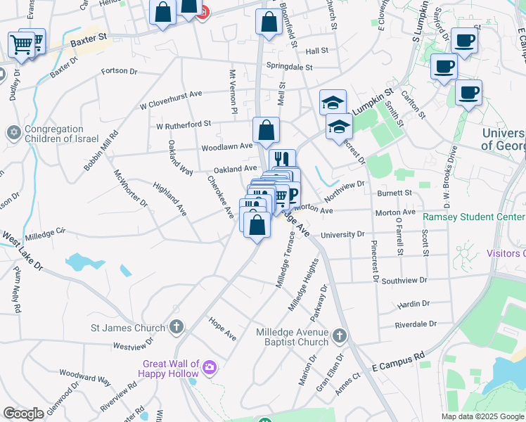 map of restaurants, bars, coffee shops, grocery stores, and more near 190 Milledge Circle in Athens