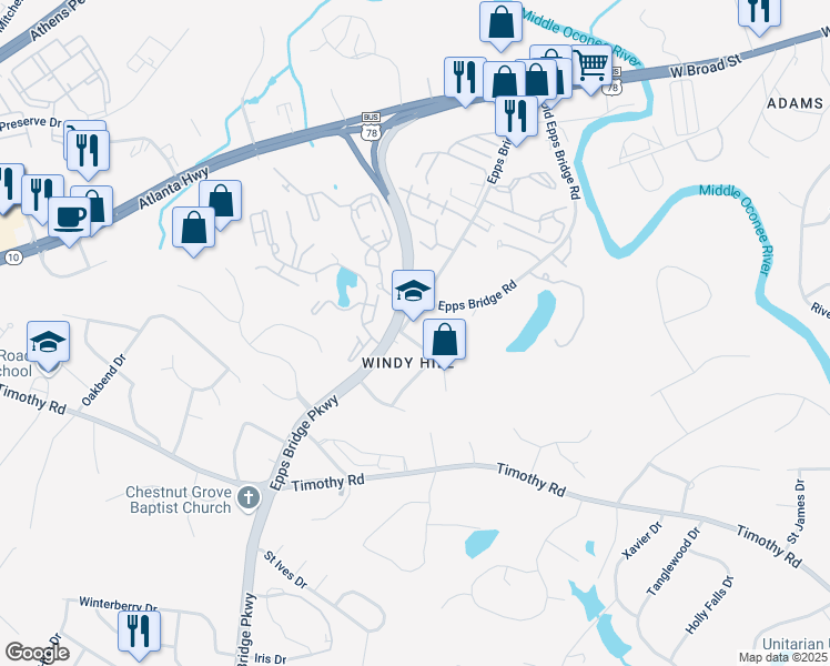 map of restaurants, bars, coffee shops, grocery stores, and more near 461 Old Epps Bridge Road in Athens