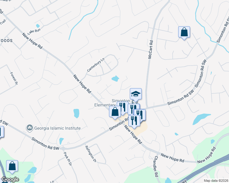 map of restaurants, bars, coffee shops, grocery stores, and more near 174 Adams Lake Drive in Lawrenceville