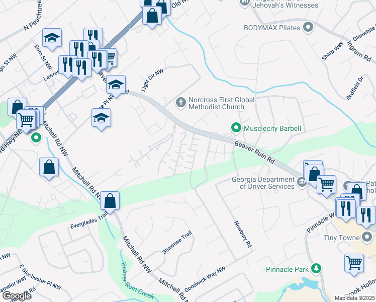map of restaurants, bars, coffee shops, grocery stores, and more near 2388 Beaver Falls Drive Northwest in Norcross
