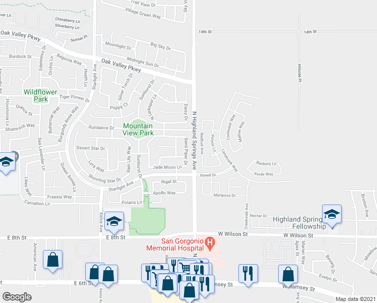 map of restaurants, bars, coffee shops, grocery stores, and more near 1124 Sand Piper Drive in Beaumont