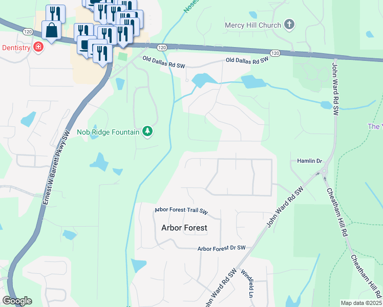 map of restaurants, bars, coffee shops, grocery stores, and more near 2158 Winding Creek Lane Southwest in Marietta