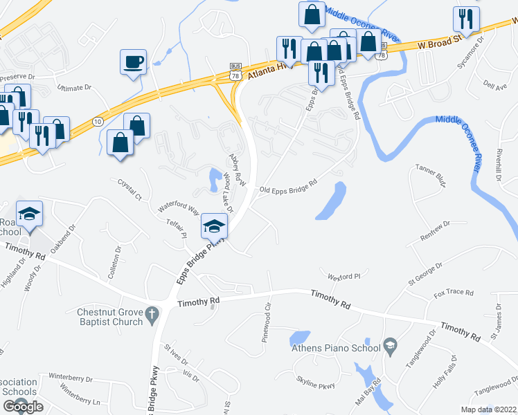 map of restaurants, bars, coffee shops, grocery stores, and more near 317 Epps Bridge Road in Athens