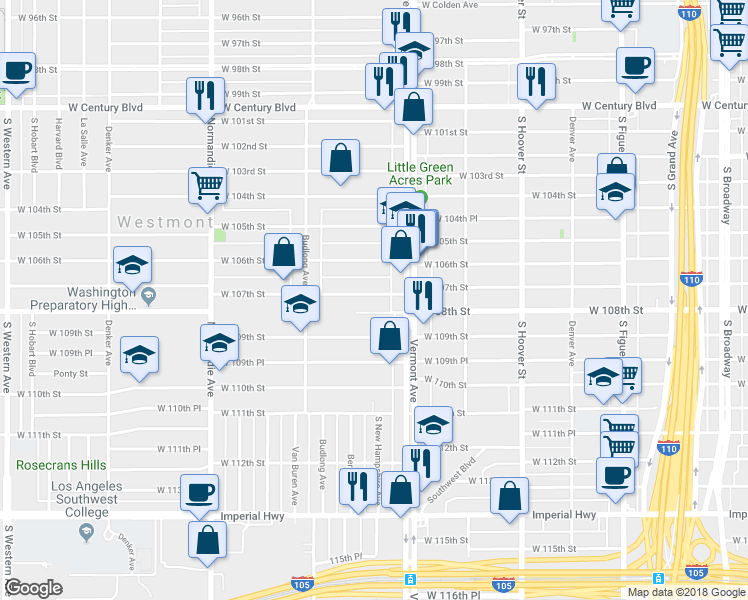 map of restaurants, bars, coffee shops, grocery stores, and more near 1036 West 107th Street in Los Angeles