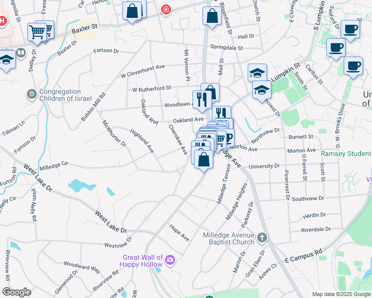 map of restaurants, bars, coffee shops, grocery stores, and more near 220 Cherokee Avenue in Athens