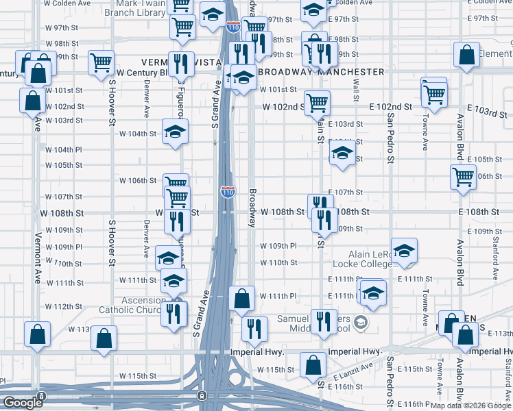 map of restaurants, bars, coffee shops, grocery stores, and more near 10714 South Broadway in Los Angeles