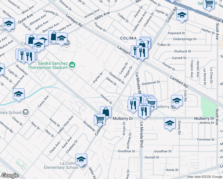 map of restaurants, bars, coffee shops, grocery stores, and more near 14754 Glenn Drive in Whittier