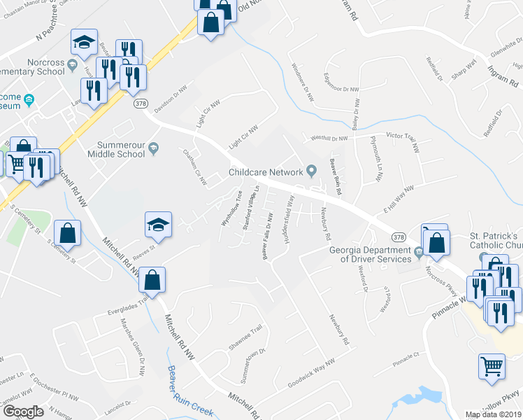map of restaurants, bars, coffee shops, grocery stores, and more near 2388 Beaver Falls Drive Northwest in Norcross