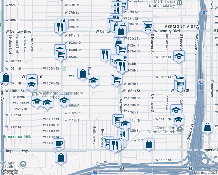 map of restaurants, bars, coffee shops, grocery stores, and more near 1036 West 107th Street in Los Angeles